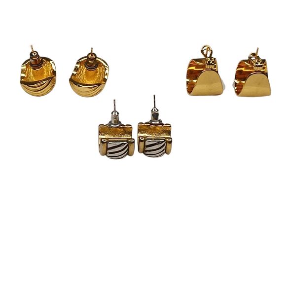 VTG Lot Of 3 Pierced Earrings Gold Hoop, Black W/ Rhinestones, Silvertone Swirl - Picture 2 of 8